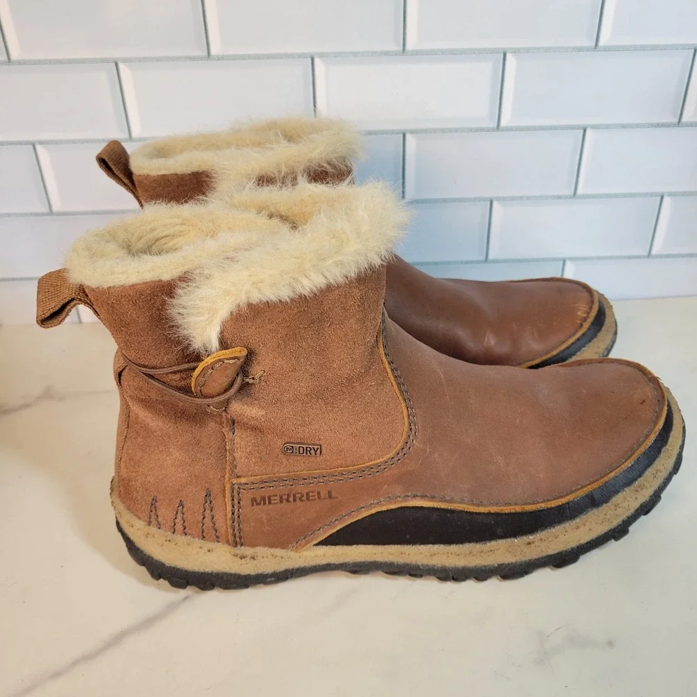 Merrell Womens Boots Tremblant Pull On Polar Oak Brown Fur Lined Size 9